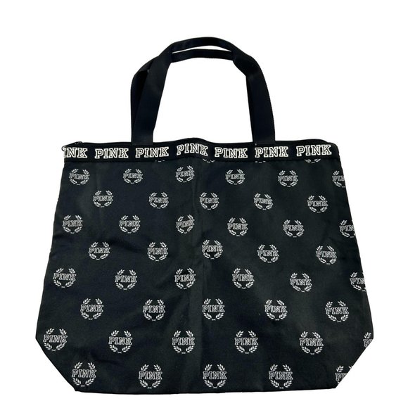 Victorias Secret Pink Spell Out Black Tote Zip Close Polyester Double Handles - Picture 2 of 9
